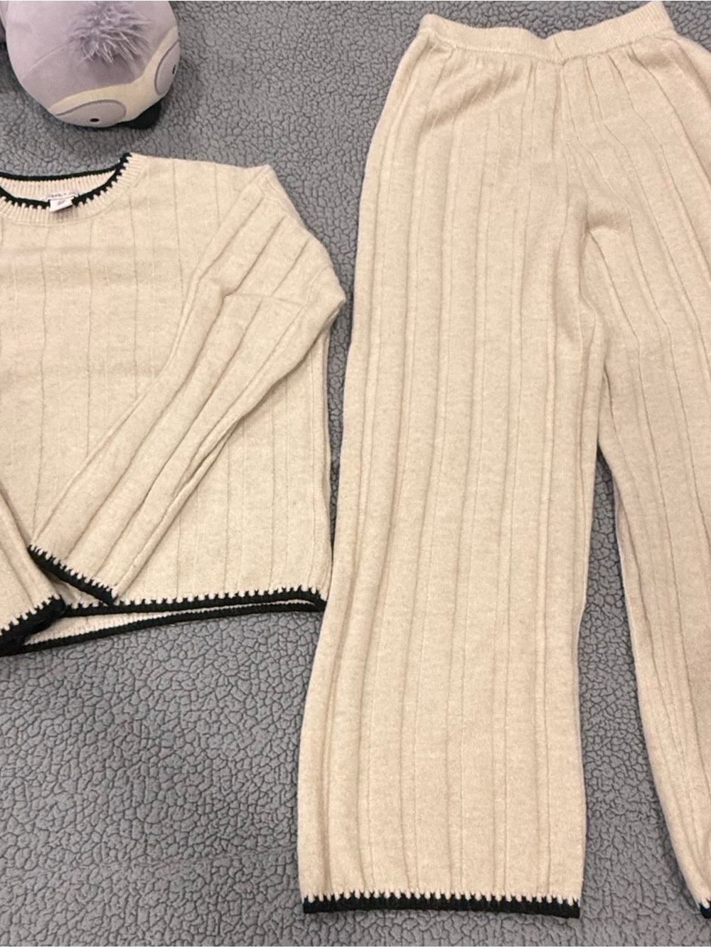 Sincerely Jules Cream Ribbed Women’s Knit Two-Piece Set with Black Trim